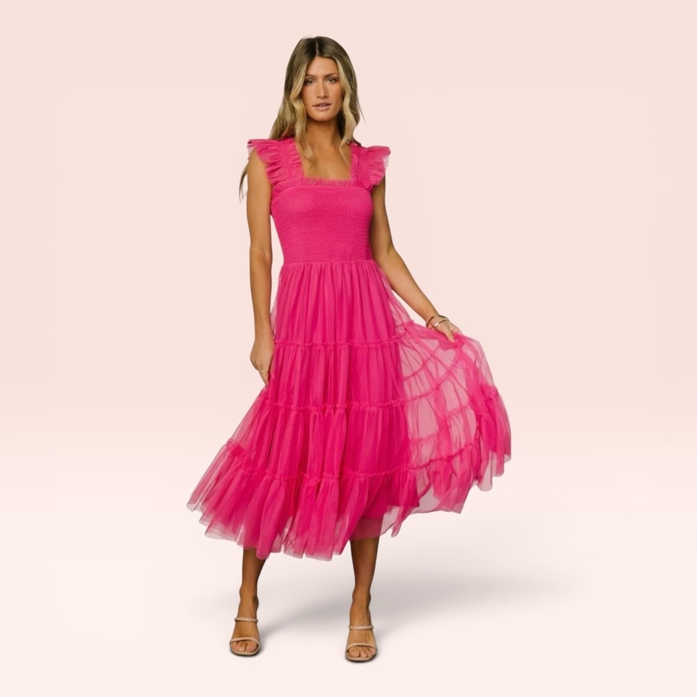 NWT Baltic Born Emma Smocked Tulle Dress L HotPink Formal Tiered Barbiecore Midi